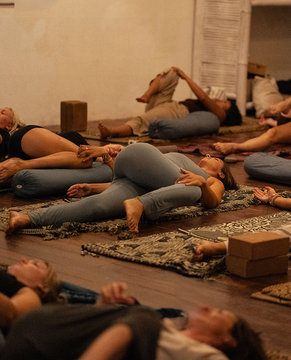 Hatha and Yin yoga practice session in peaceful Ayutyuas Holistic Healing Home Sukawati setting